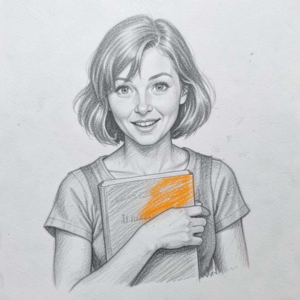 Graphite pencil sketch of a woman with short wavy hair and an eager expression, holding a paperback close to her chest, soft crosshatched shadows on a light ground.