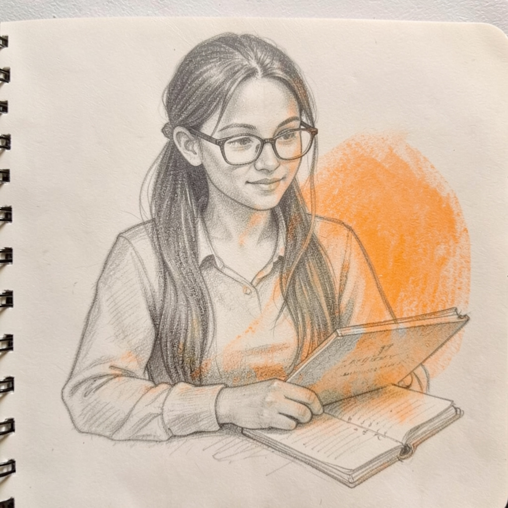 Graphite pencil sketch of a woman with long hair tied loosely back, glasses perched on her nose, a notebook open in front of her, soft tonal shading with a warm feel.