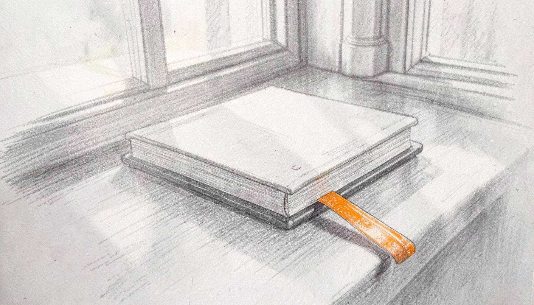 A graphite pencil sketch of a closed book with a bookmark trailing out, resting on a windowsill with morning light spilling across it. Peaceful, hopeful mood in soft grays.