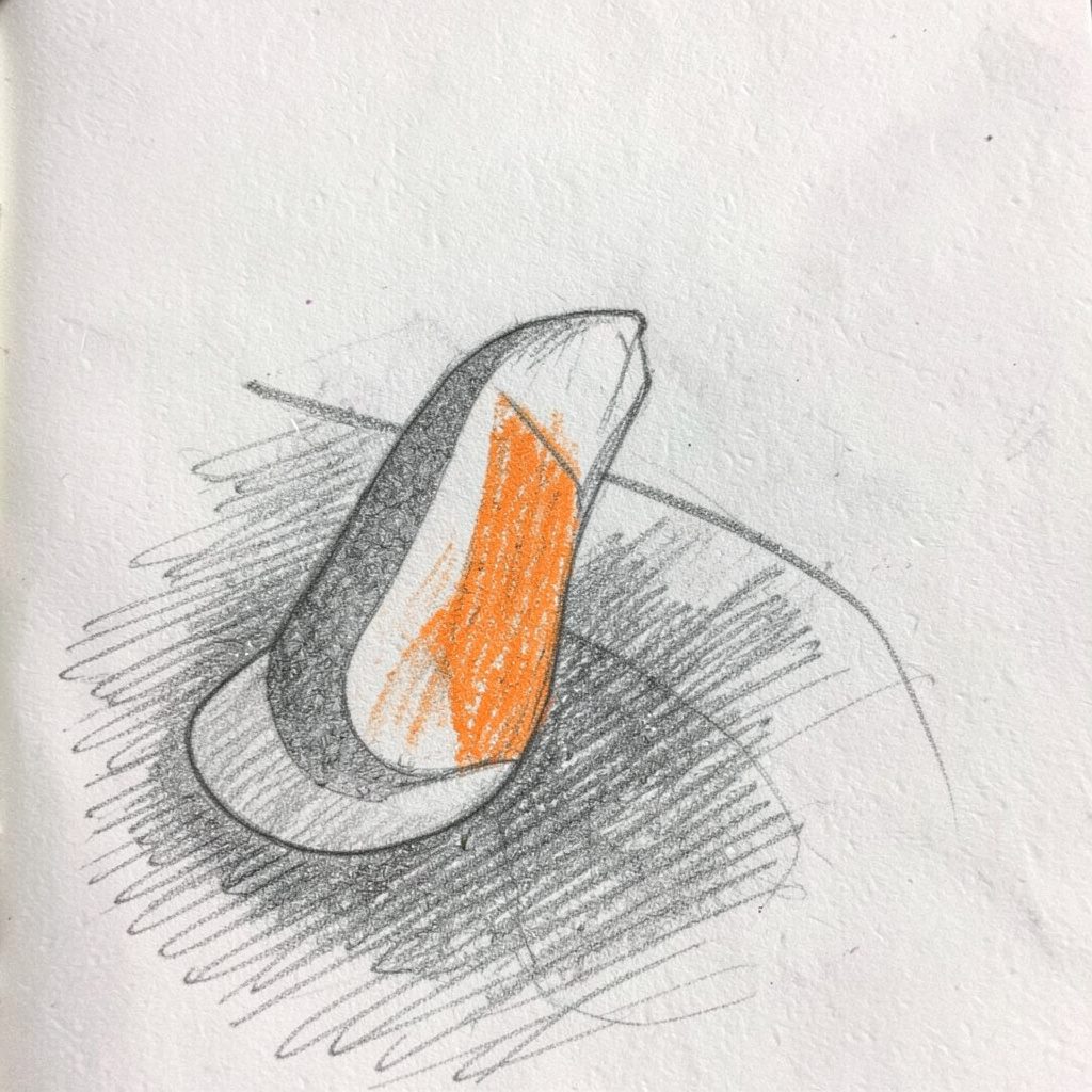 A graphite pencil sketch of a stack of ribbon bookmarks fanned out, blush pink shading and tidy composition
