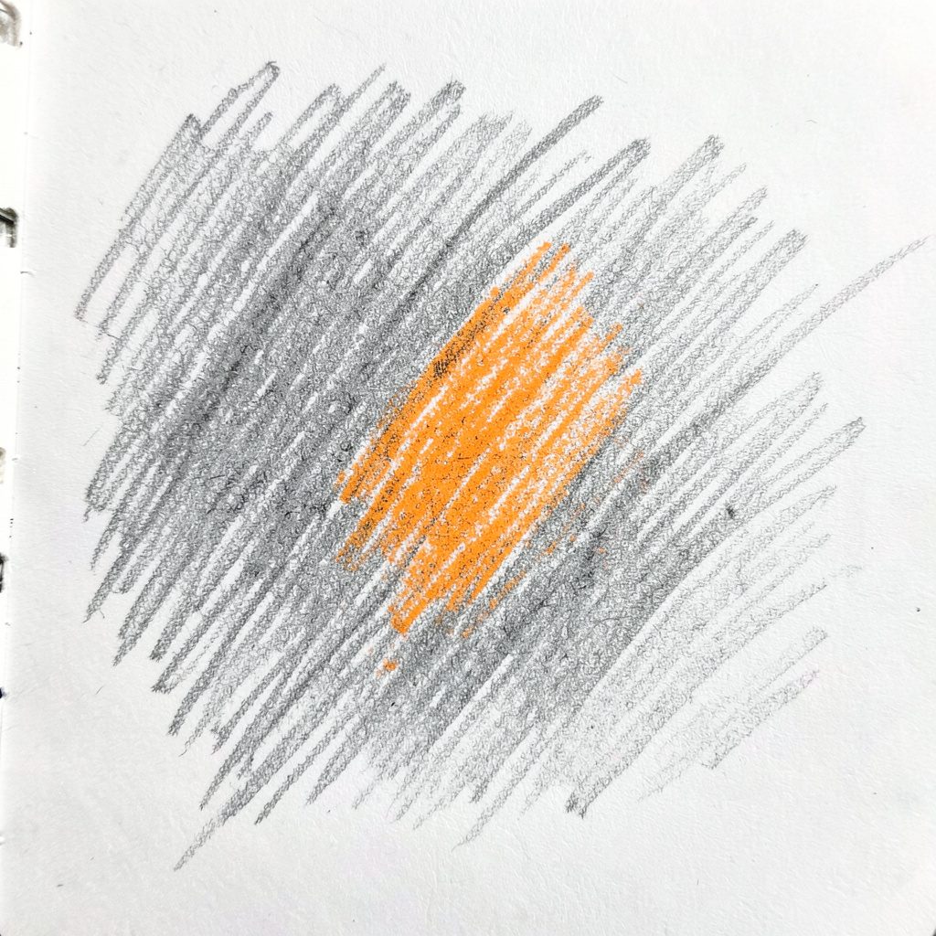 A graphite pencil sketch of a quill pen resting on an open page, warm cream tones and soft shading