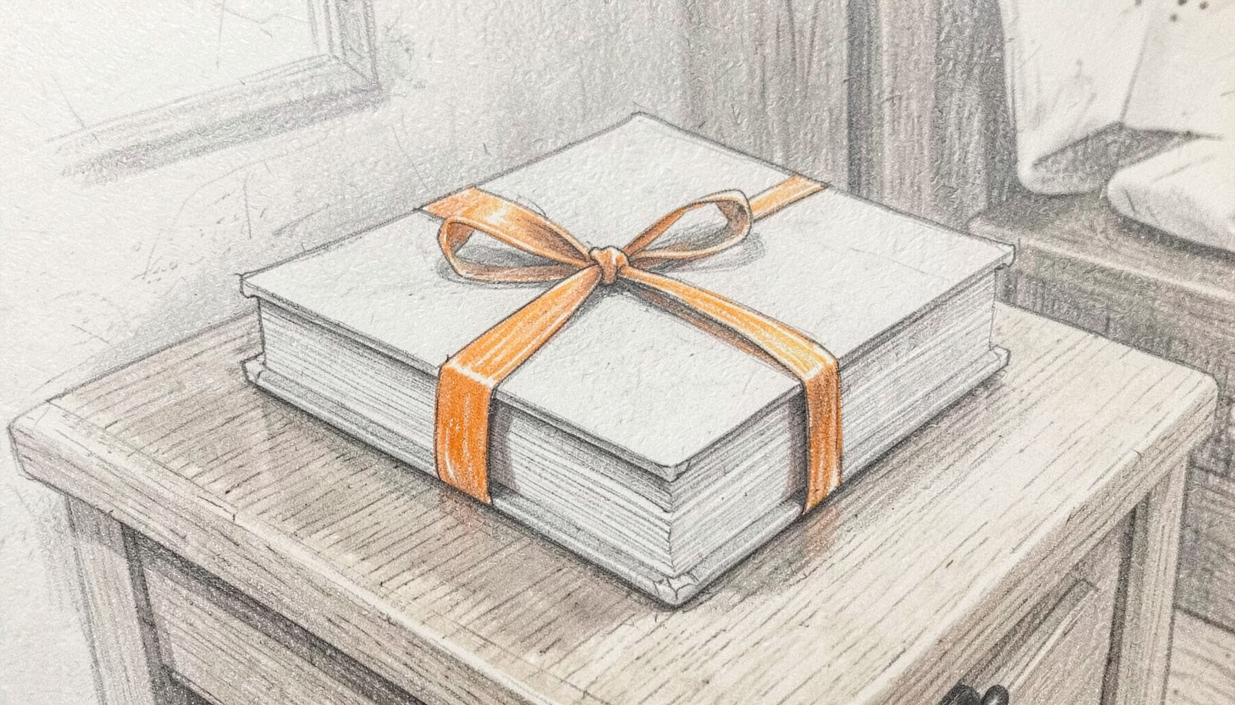 A graphite pencil sketch of a stack of romance paperbacks tied with a ribbon, resting on a wooden nightstand. Cozy, bookish feel with soft tonal shading.