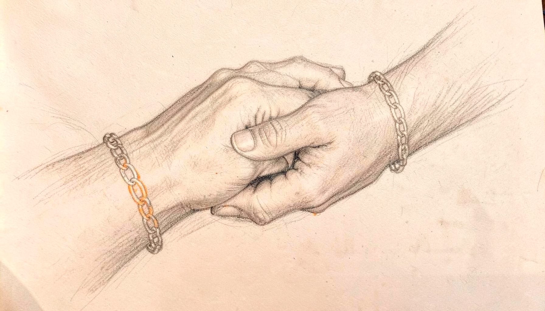 A graphite pencil sketch of two hands nearly touching, with a delicate chain bracelet visible on one wrist. Soft, romantic shading in warm grays, evoking tension and longing.