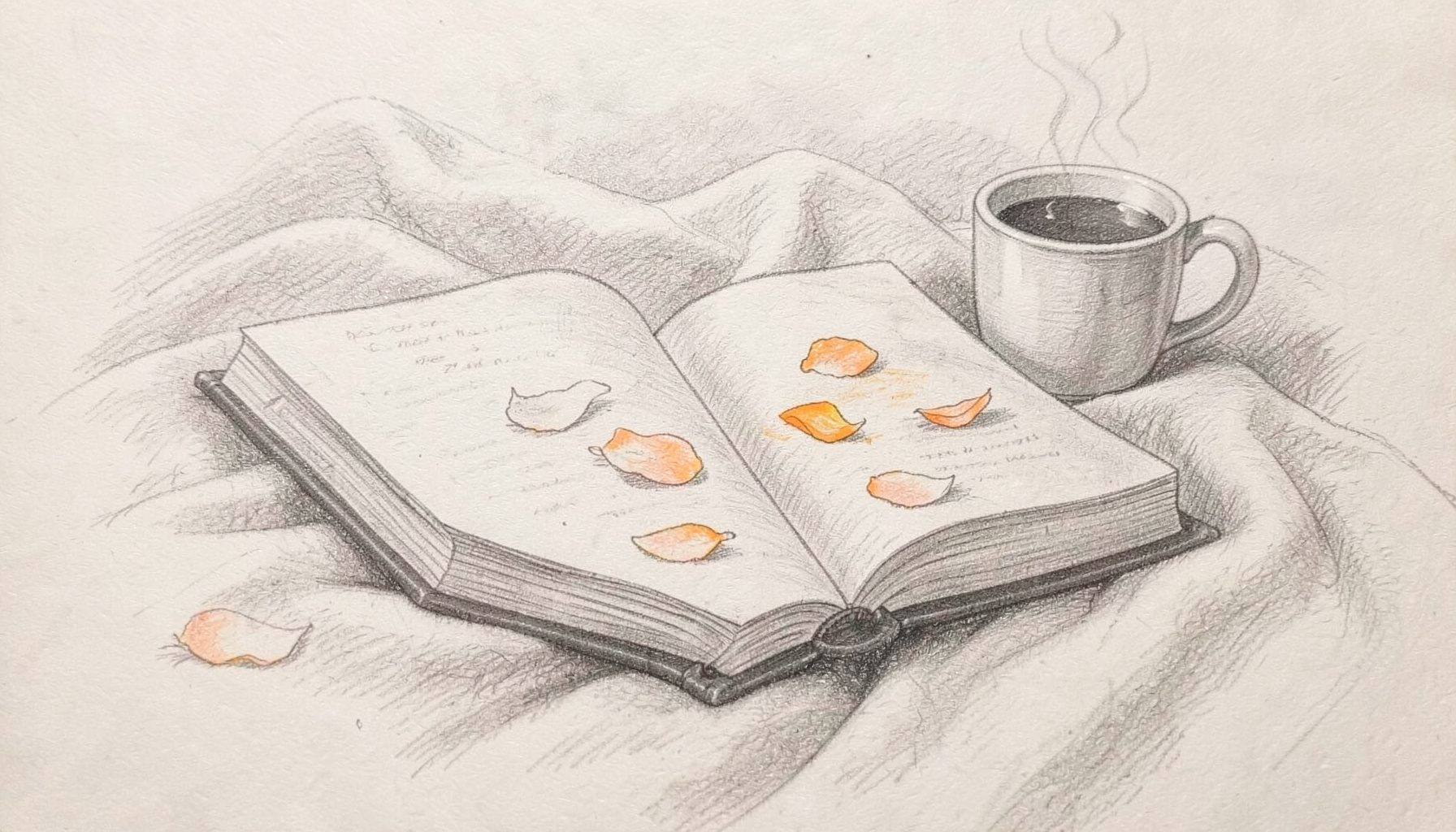 A graphite pencil sketch of an open book resting on a soft blanket, with a steaming mug beside it and scattered rose petals across the page. The mood is cozy and romantic, with gentle shading and warm, muted tones.