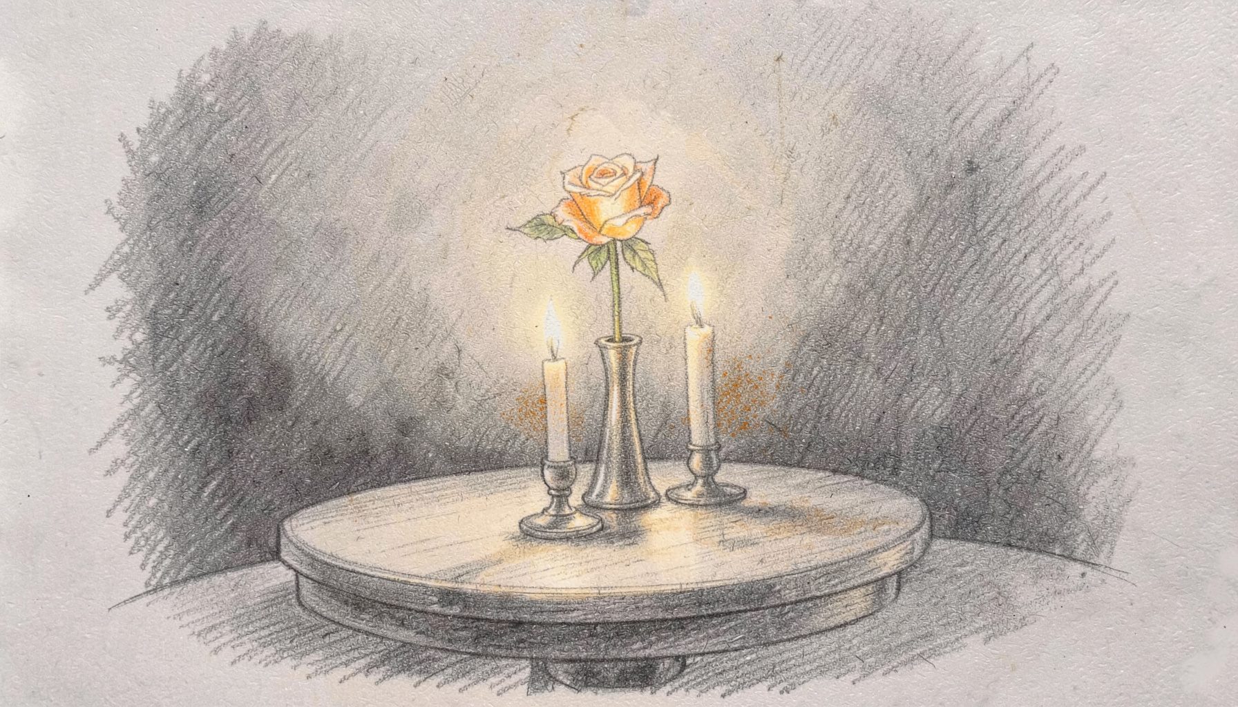 A graphite pencil sketch of a candlelit table set for two, with a single rose in a slim vase. Warm, intimate atmosphere with soft shadows and gentle highlights.