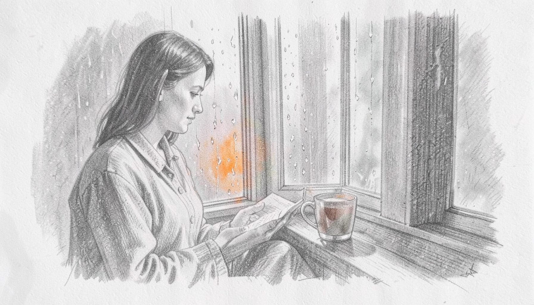 A graphite pencil sketch of a woman reading by a window, rain streaking the glass, a cup of tea on the sill. Quiet, introspective mood with soft gray washes.